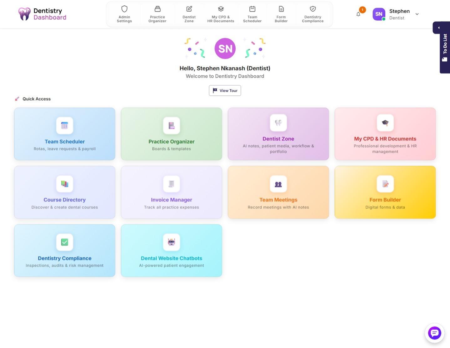 Dentistry Dashboard product screen